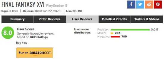 《最终幻想16》M站用户评分涨至8分：好评数一夜暴增！